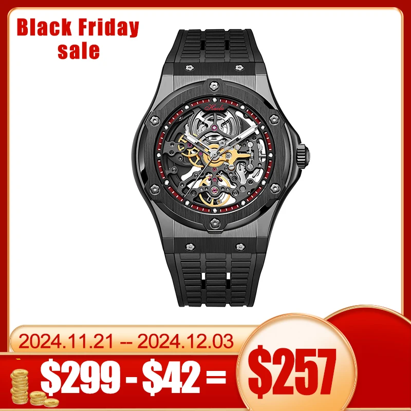 HAOFA 1913 Automatic Mechanical Fashion Man Men Watch Skeleton Automatic Sapphire Wrist Watches For Men Waterproof Luxury Black