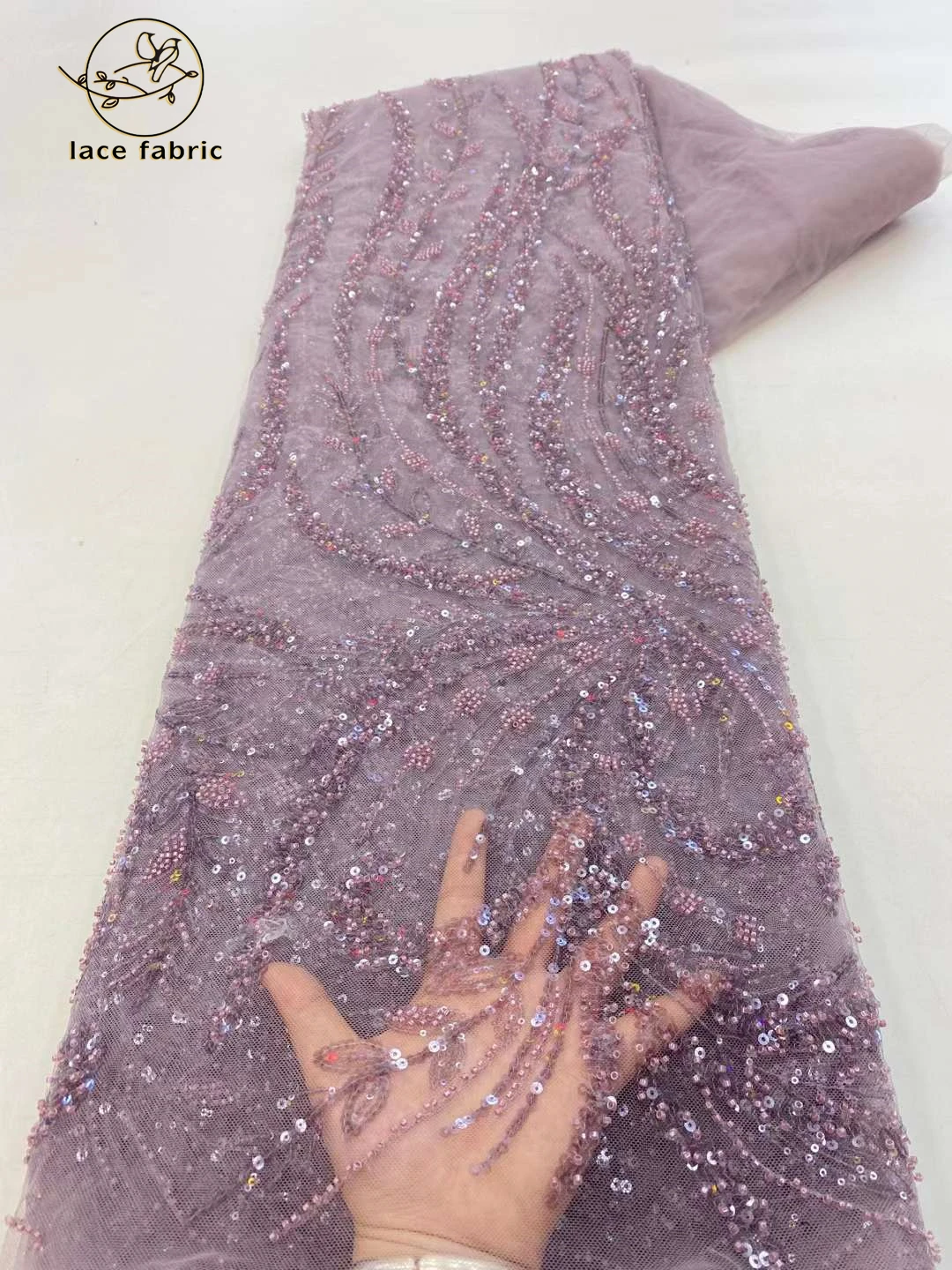 

Light Purple Luxury Beaded Lace Sequins African Lace Fabric 2023 High Quality Nigerian Net Lace Fabric For Party Dress Sewing