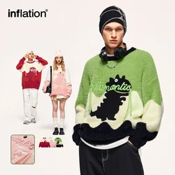 INFLATION Cute Cartoon Embroidery Sweaters Unisex Colorblock Knitwear Jumpers Mens Hip Hop Pullovers