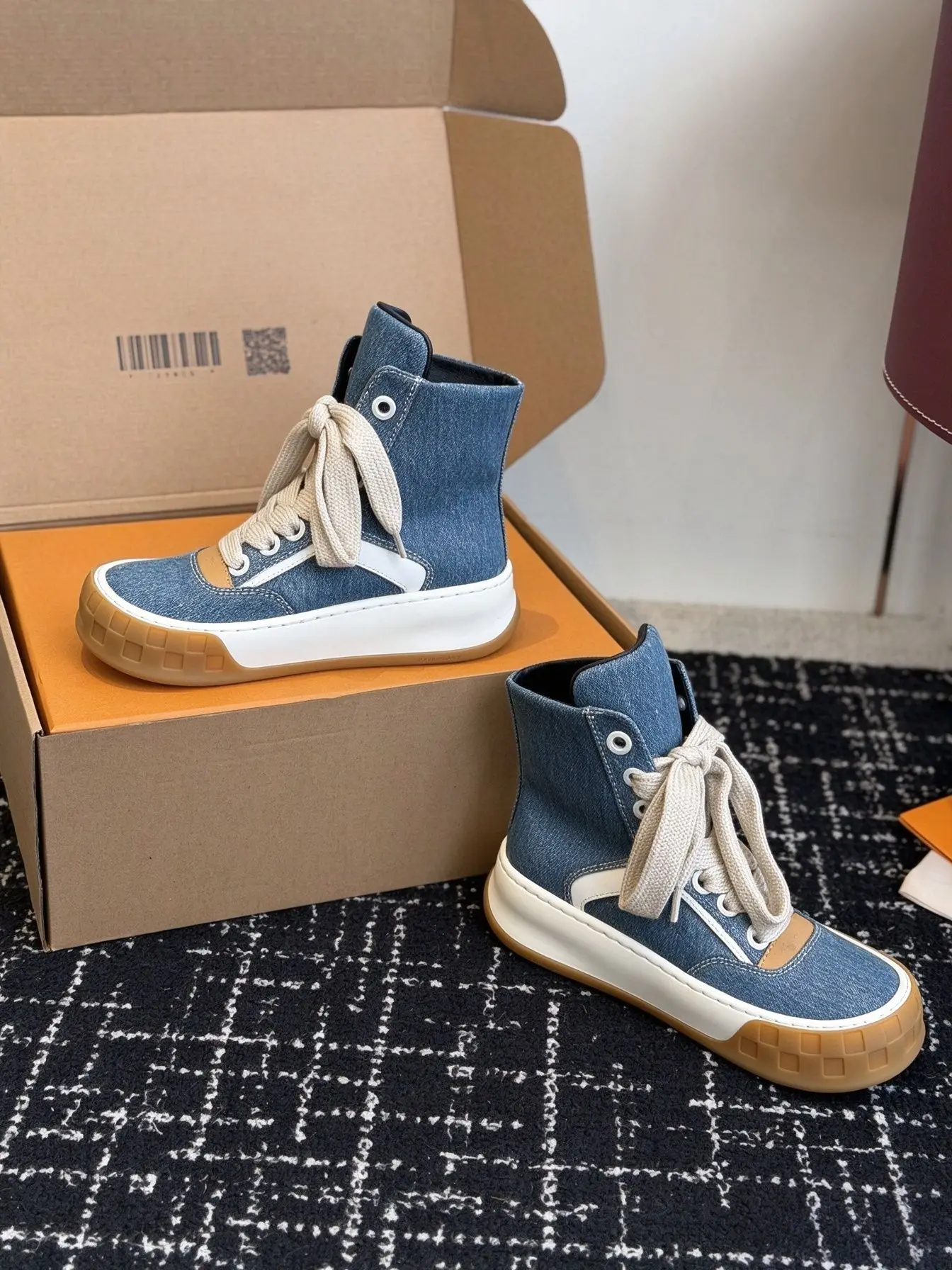 Men Women Denim Blue High Top Thick Sole Sneakers Denim Canvas PU Splicing Casual Shoes Retro Couple Thick Lace Street High Top Skate Shoes