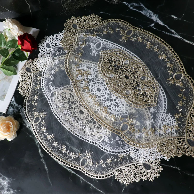 European Oval Embroidered Transparent Luxury Placemat Table Mat Hotel Villa Home Furniture Party Coffee Coaster Decorative Cloth