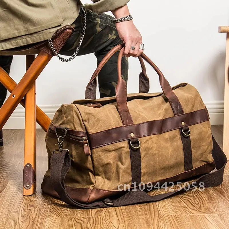 

Vintage Waxed Canvas Large Luggage bag Genuine Leather Men Travel Men Duffel of bag Overnight carry trip on Weekend Bags Bags