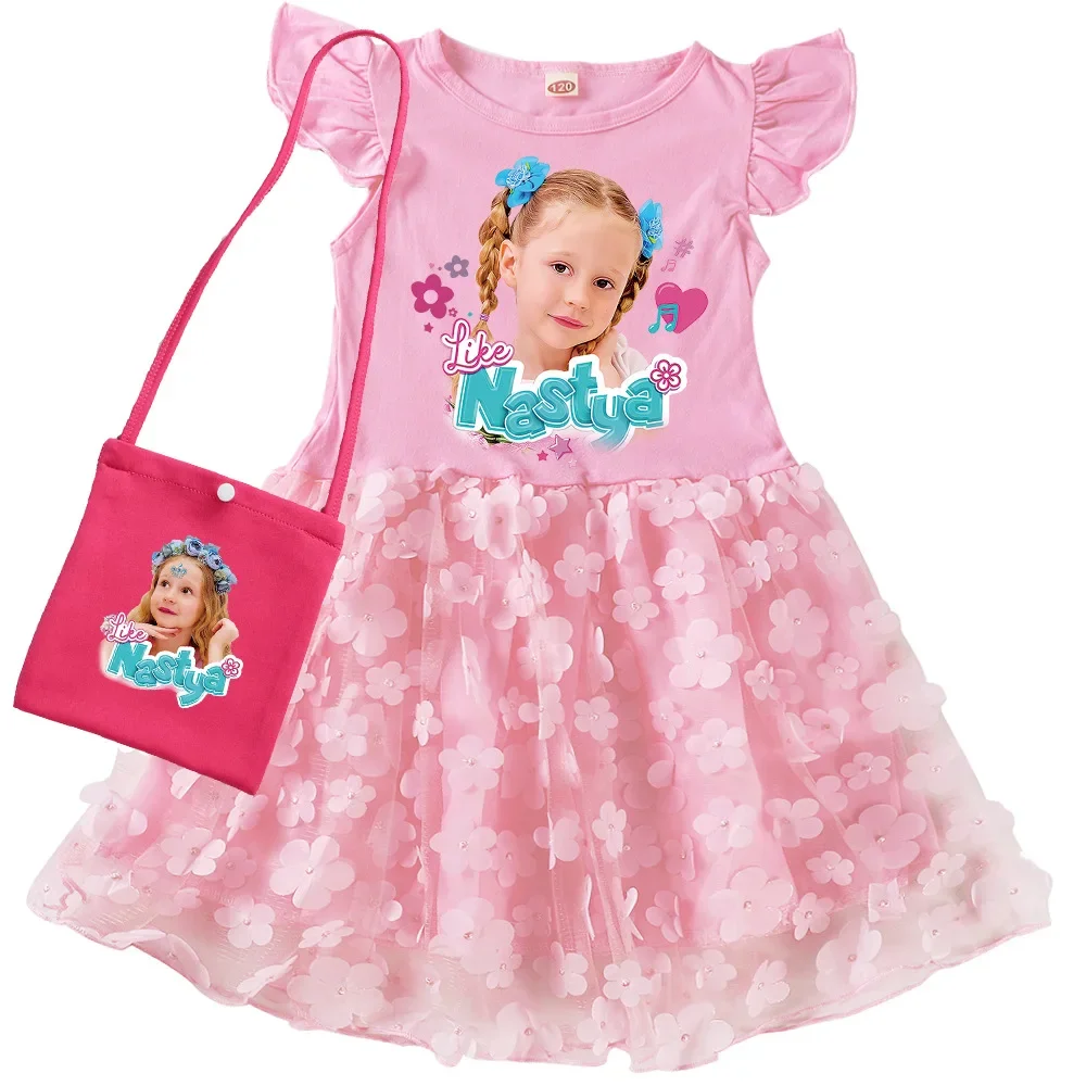 Russian Like Nastya Clothes Kids Wedding Party Lace Dress Baby Girls Short Sleeve Casual Dresses with Small Bag Children Vestido
