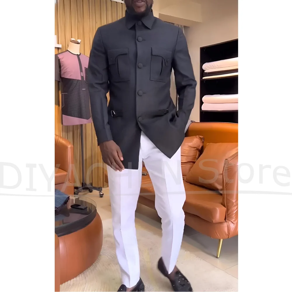 Men Suit 2 Piece Long Sleeves Stand Collar Jacket and White Trousers Set Formal Wedding Groom Prom Business Party Casual Suits