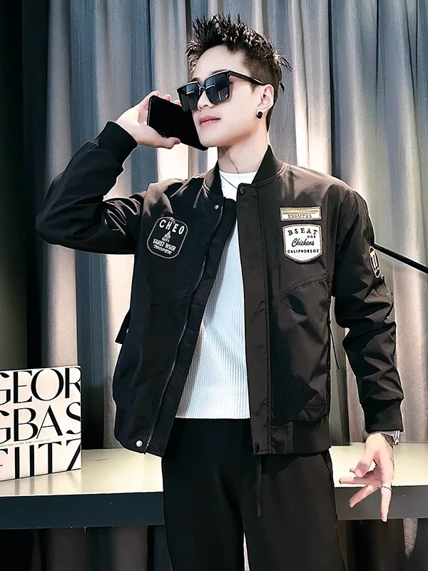 

American Sle Men's Flight Jaet Spring Autumn Embroidery Baseball Collar Coat Casual Windproof Polyester Long Sve Zipper