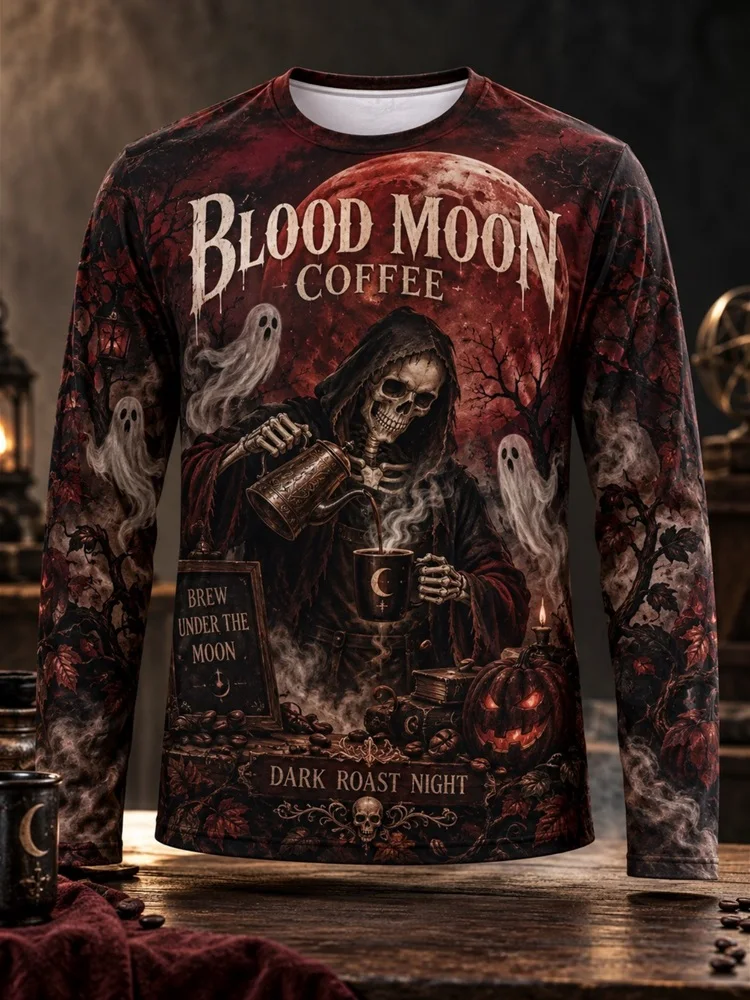Men's Day of the Dead Sugar Skull Long Sleeve T-Shirt Marigold Candle Moon Walk With Spirits Graphic Tee Pullover Tops Gift
