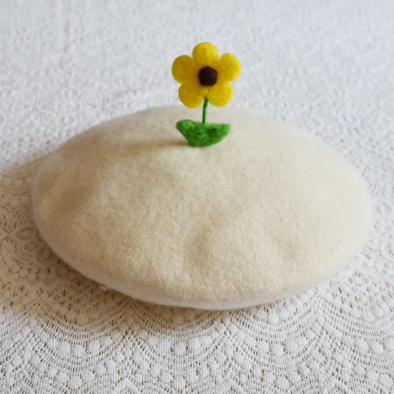 RH Autumn Winter Flowers Wool Felt Cute Berets Sunflowers White Yellow Sweetie Handcraft Female Warm Hat