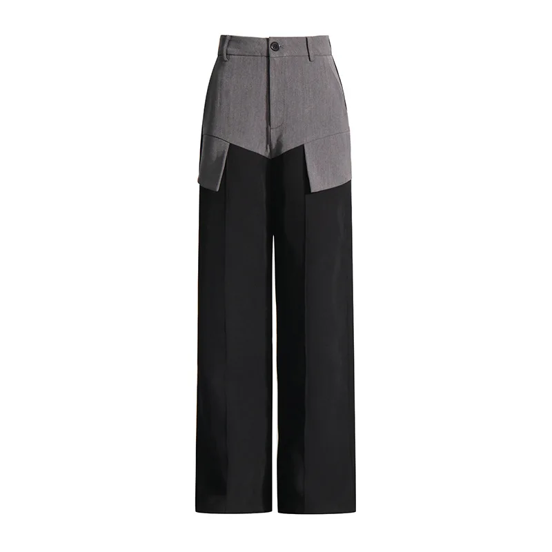 HKSH Women Suit-Pants American Style High-end Color-block Design Dark Punk Patchwork Straight Leg Stylish Casual Bottoms HK27150