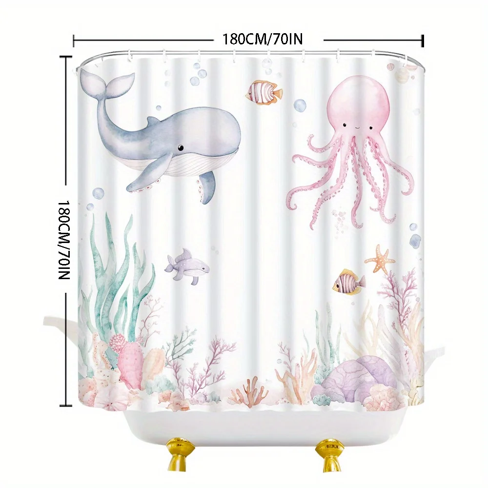 Cute Whale Octopus Sea Life Shower Curtain Machine Washable All Season Waterproof Privacy Protection Cartoon Design Kids 12hooks