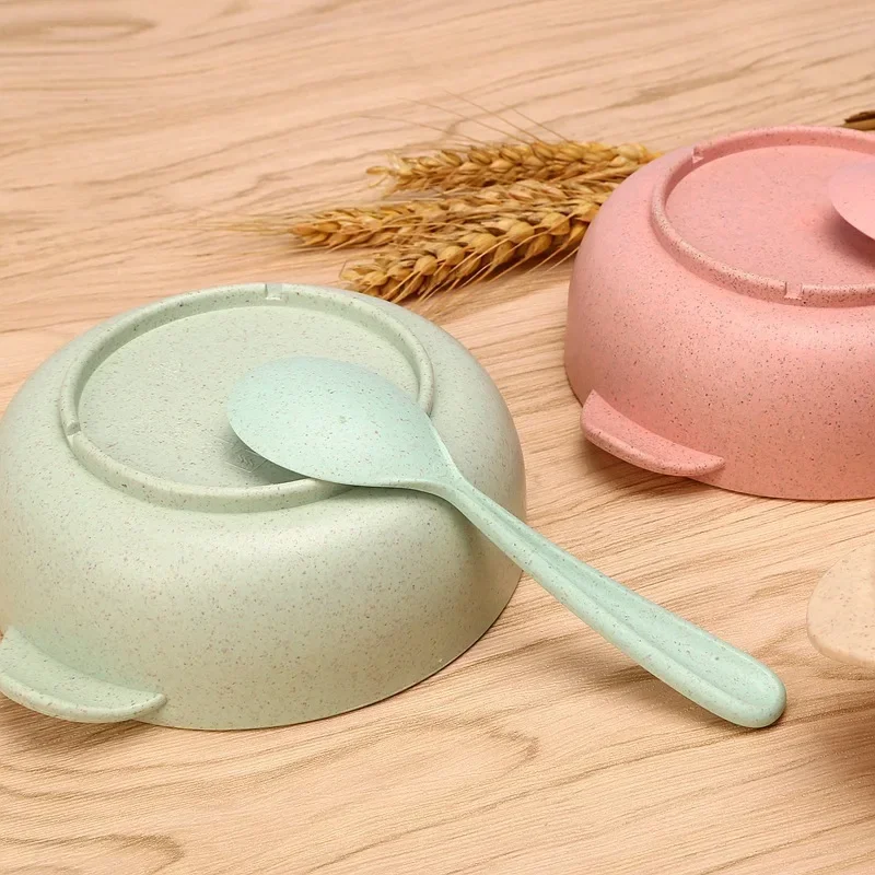 2pcs Wheat Straw Anti Drop Children\'s Bowl Spoon Set Cute Insulation Double Ear Auxiliary Food Bowl Baby Feeding Tableware Sets