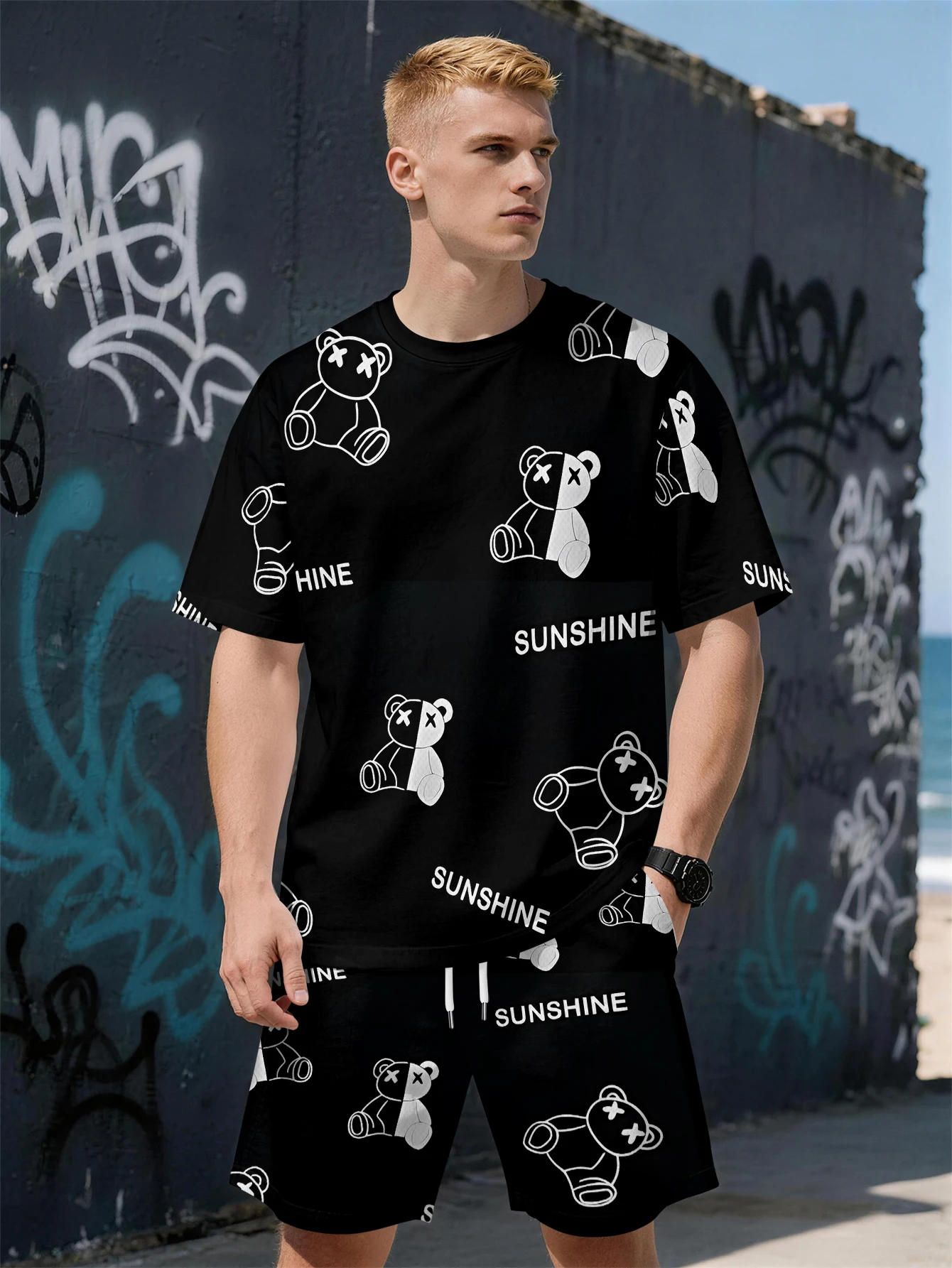 

2026 Summer New Men's Short-Sleeved Set with 3D Simple Bear Print Fashionable Street Style Comfortable Lightweight Soft
