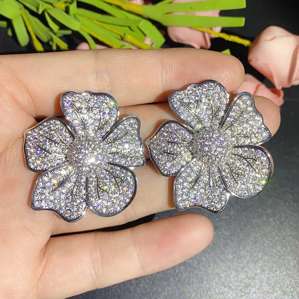 S925 Sterling silver Big Flower Design Earrings for Women Full Bling Iced Out CZ Sparkling Female Earrings Wedding Trendy Jewelr