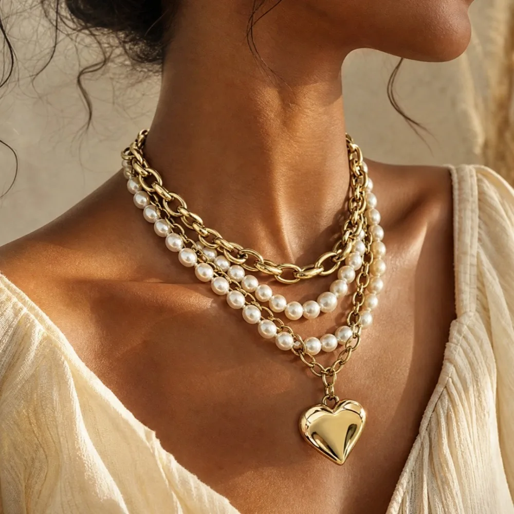 4Pcs Set Boho Fashion Gold Toned Heart Charm Imitation Pearl Mixed Chain Necklace for Women Island Getaway Outfit Jewelry Sets