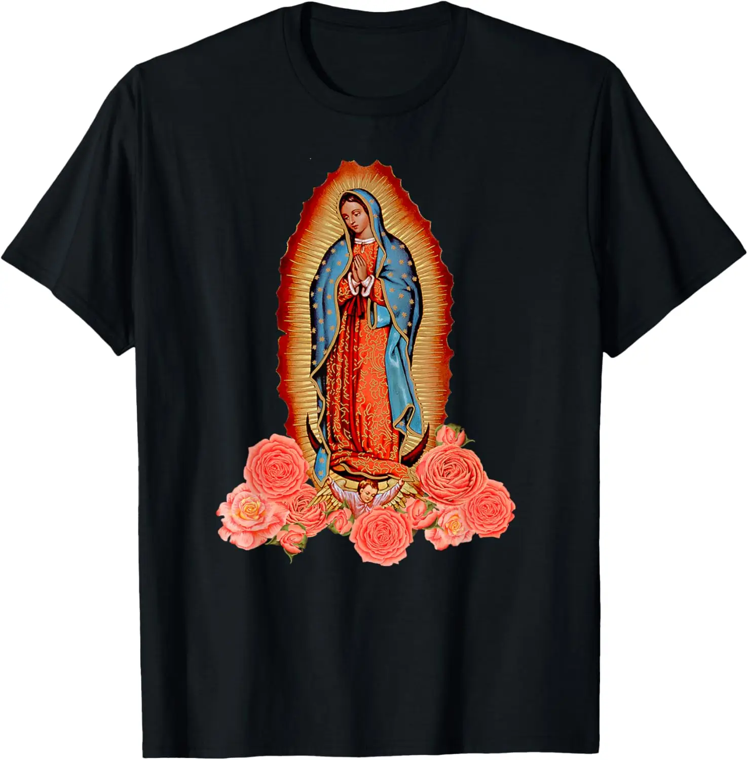 

Our Lady of Guadalupe Virgin Mary Roses Graphic Tee Cotton Crewneck Short Sleeve T-Shirt