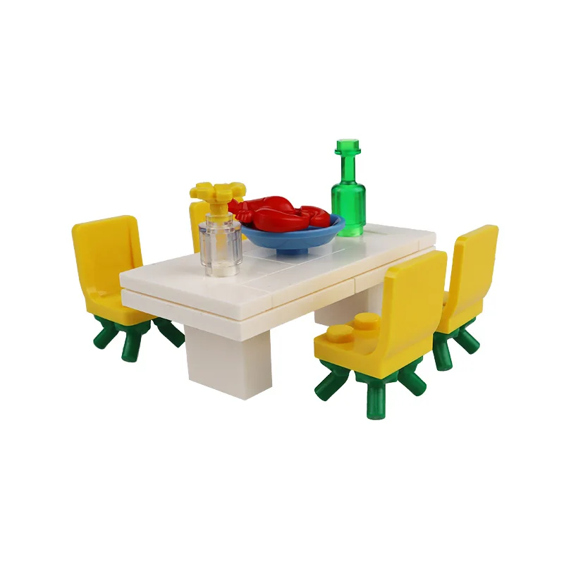 Small Particle Building Block MOC Dining Table, Tableware, Chairs, Kitchen Food Design Furniture Compatible With LEGO Decorative