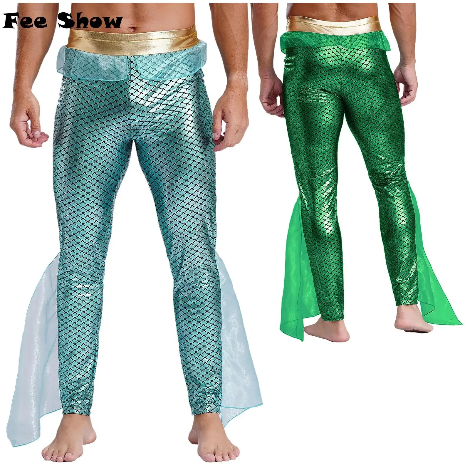 Mens Mermaid Cosplay King of the Seas Costume Elastic Waist Metallic Shiny Fishscale Print Tights Leggings Pants for Halloween