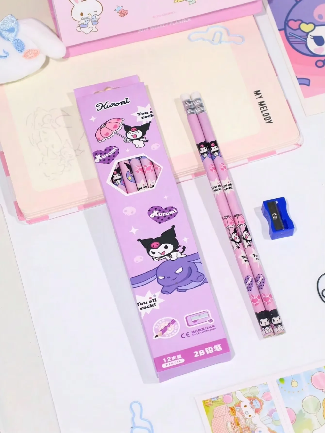 12 Stück/Set Cartoon Hello Kitty Melody Kuromi Cinnamoroll HB Bleistift Anspitzer-Set zum Zeichnen und Skizzieren – Detail 12