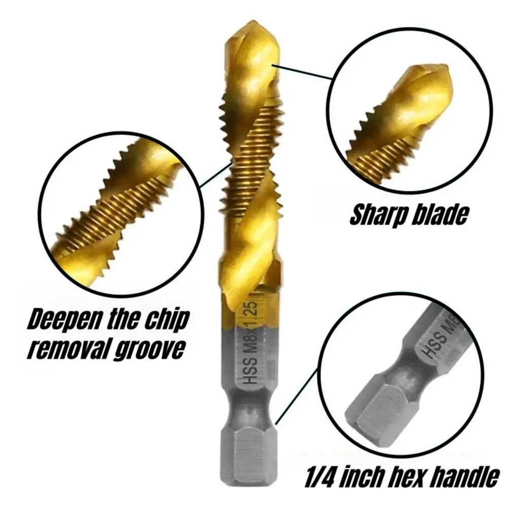 6/7pc High-speed Steel 4341 Titanium Plated Composite Tap Drill and Tap Integrated Machine Tap Open and Chamfer Tool Set