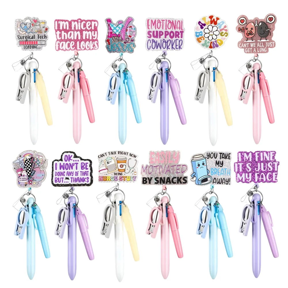 1pcs 5-In-1 Badge Clip Ballpoint Pen Highlighter Folding Scissor Nurse Pens Set For Business Office Student Doctor Nurse Ect