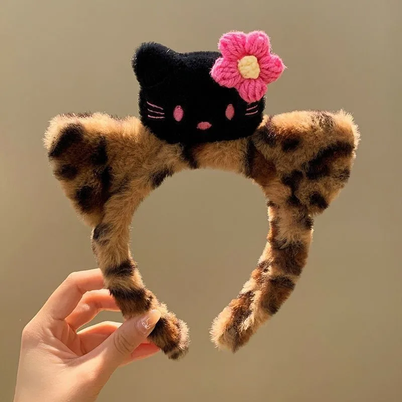 Leopard Print Cartoon Cute Kawaii Hello Kittty Facial Cleansing Headband Hair Band Ladies' Dormitory Artifact Fluffy Headwear