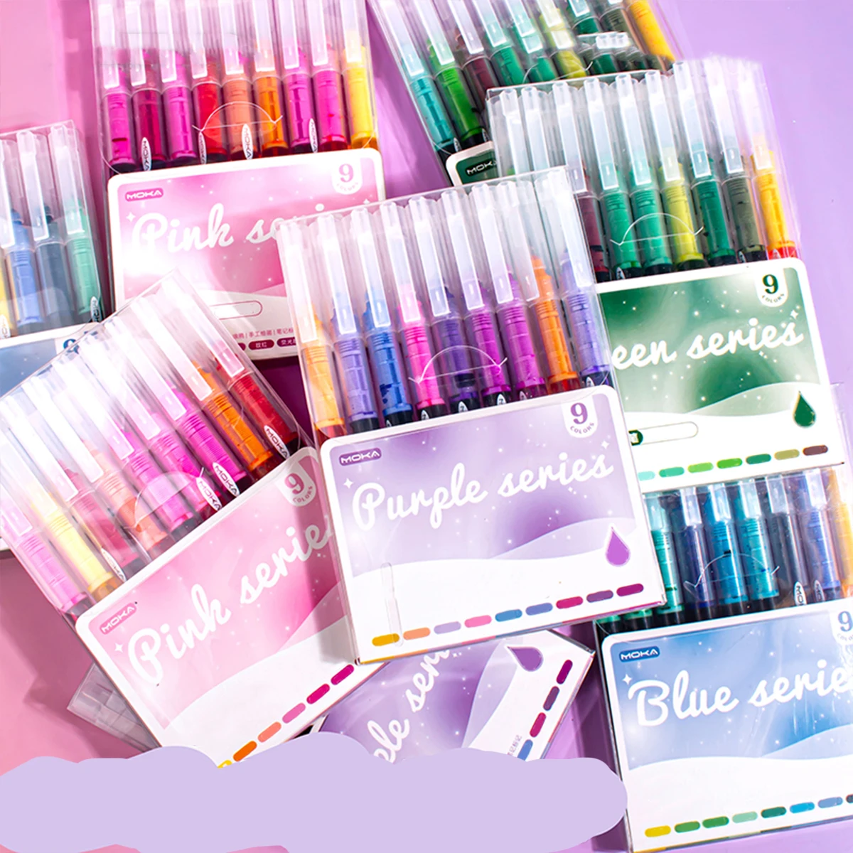 9pcs colorful multi-color straight liquid gel ink pen set, 0.5mm fine tip, visible ink level, plastic material