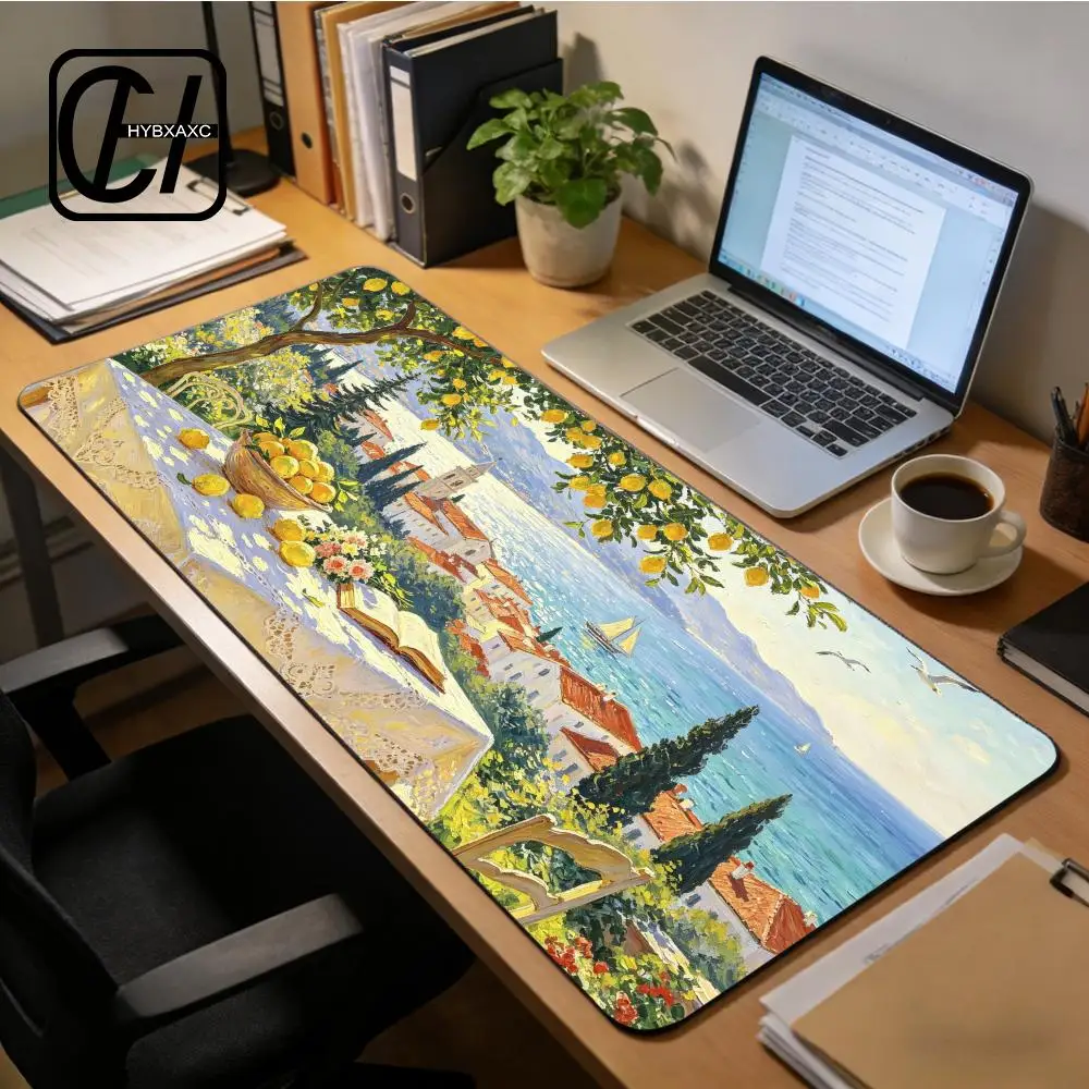 Oil Painting Lemon Tree Black Cat Mouse Pad Large Keyboard Mouse Desk Pad Non-Slip Rubber Gaming Mouse Pad Laptop Carpet XAXC