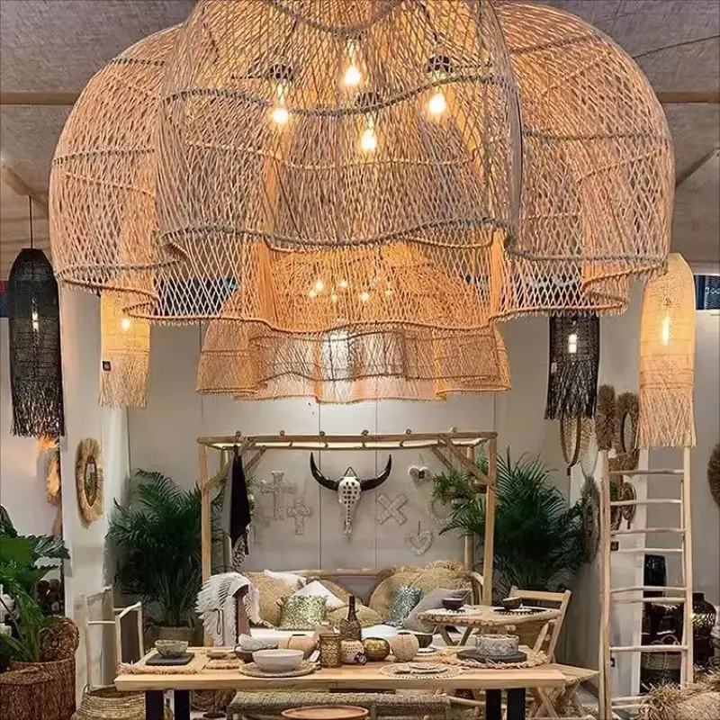 Japanese Retro Rattan Chandeliers Chinese Creative Restaurant Pendant Lights for Living Dining Room Hotel Lighting Lamp Fixtures