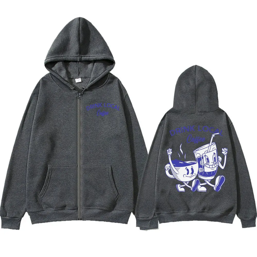 شرب القهوة المحلية مضحك ميمي الجرافيك سستة هوديس الرجال النساء خمر طويلة الأكمام زمم بلوزات الراحة فضفاضة مقنعين معاطف #2