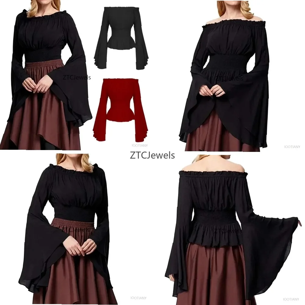 

Renaissance Cosplay Medieval Shirt Women Off Shoulder Long Sleeve Victorian Gothic Vintage Blouse Corset Top Lace Up