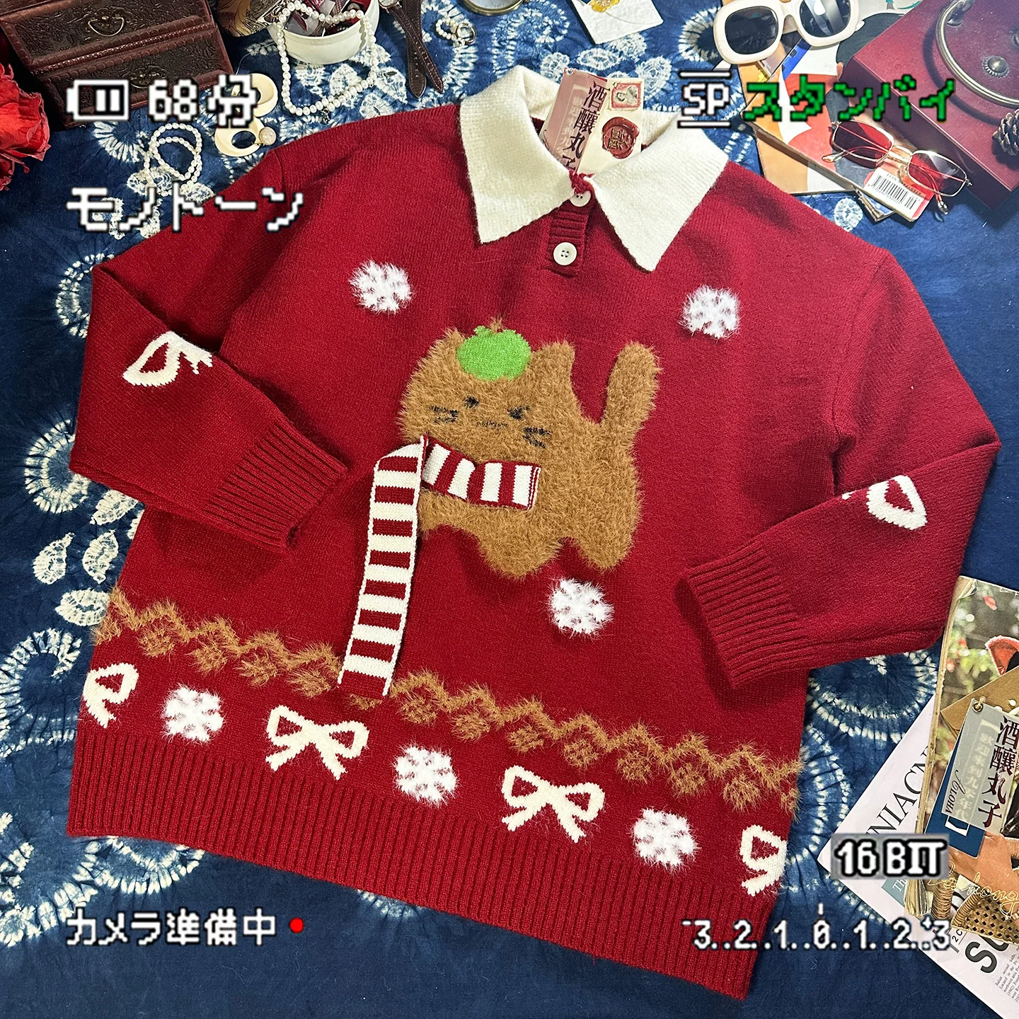 Autumn Winter New Retro College Style Men's Christmas Cat Embroidered Apricot Sweater Couple Red Casual Cute Knitted Sweater
