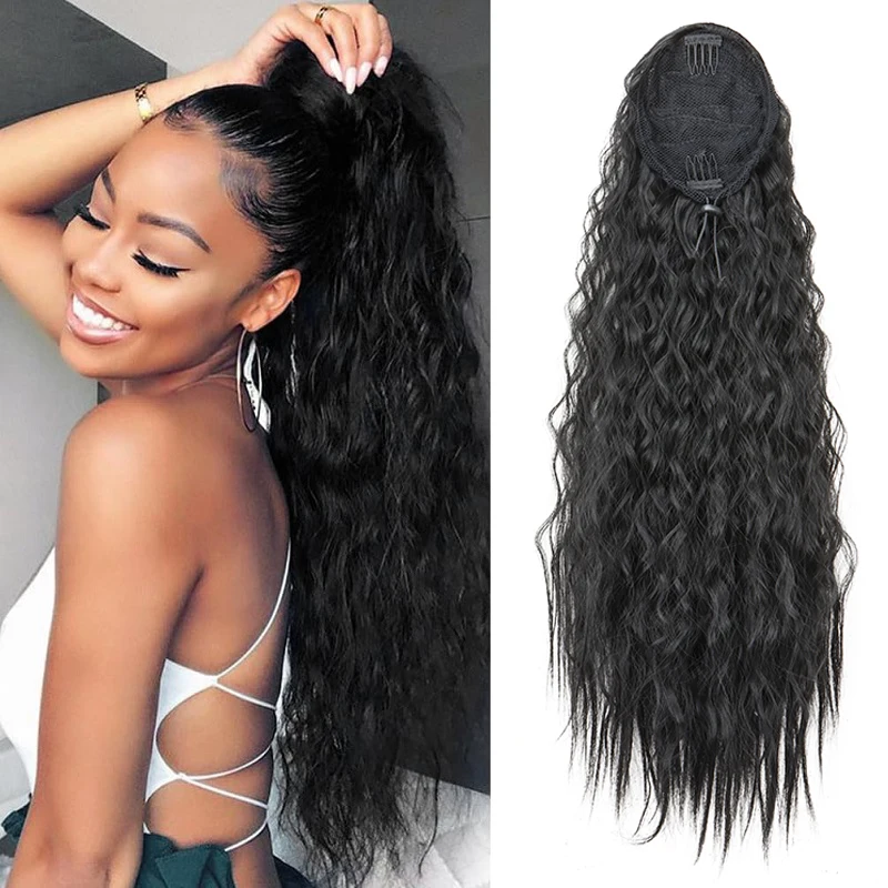 22Inch Synthetic Long Kinky Curly Ponytail Hair Extension Drawstring Wrapped Clip in Hair Black Hairpiecefor Women