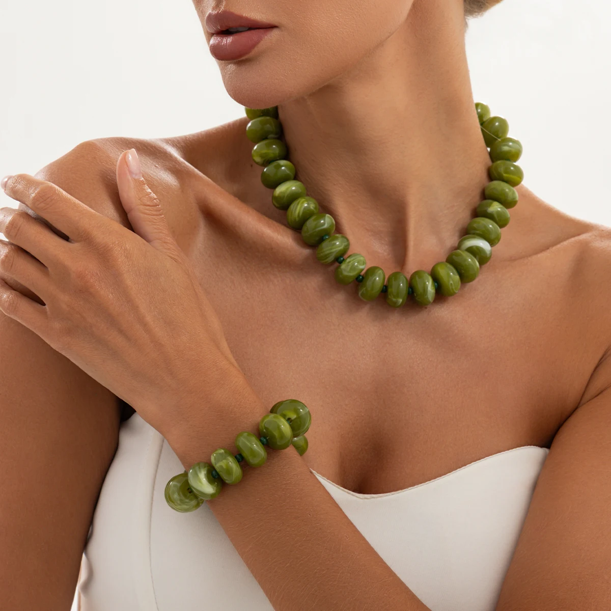SHIXIN 20 Colors Bohemian Handmade Beaded Resin Choker Necklace Bracelet Jewelry Set Charms Chunky Jewelry Set Women Daily Wear