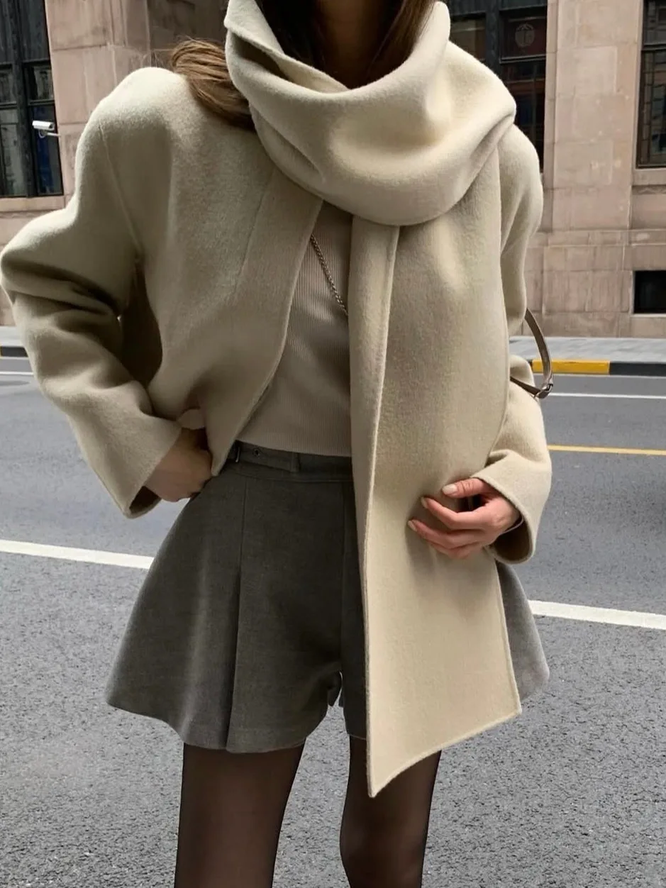 

Ele Autumn Winter Woolen Coat Women's Scarf round Ne Button ort Outerwear Faionable Classy Sle Ladies' Jaet