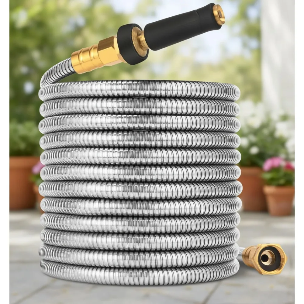 

100 FT Expandable Garden Hose - Stainless Steel Flexible Water Hose Kink Free Heavy Duty for Outdoor Use