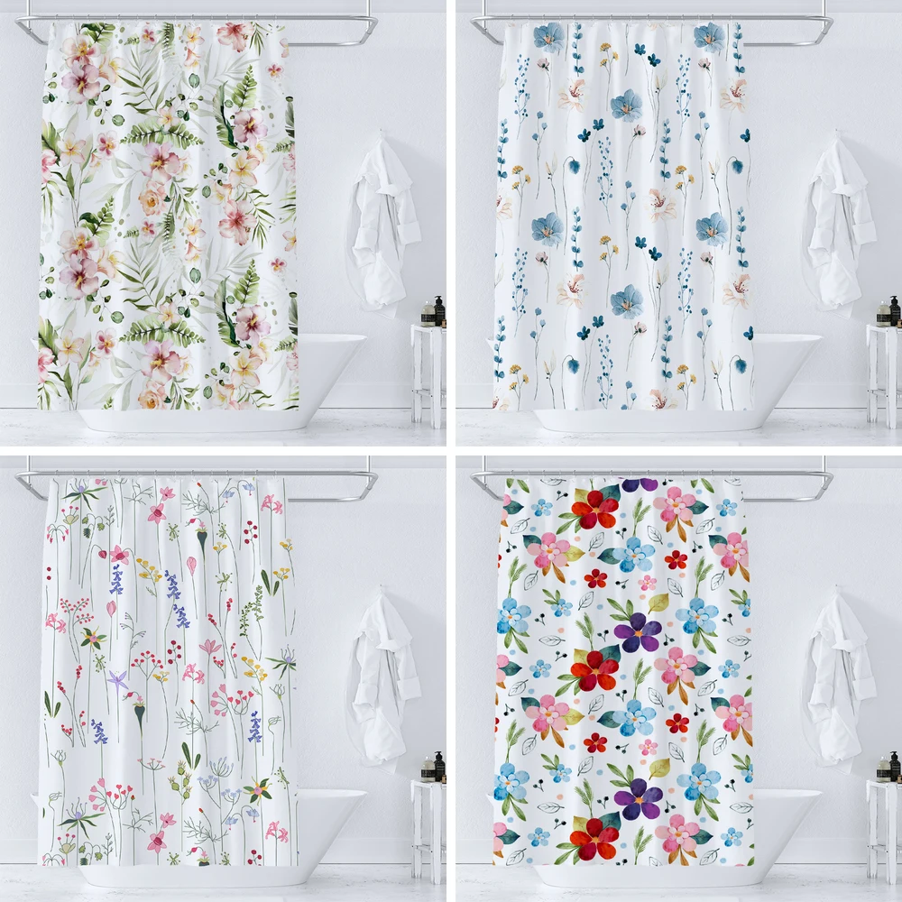 

Flowers Waterproof Shower Curtain Colorful Floral Print Polyester Washable Fabric Home Bathroom Bathtub Curtain Dector with Hook