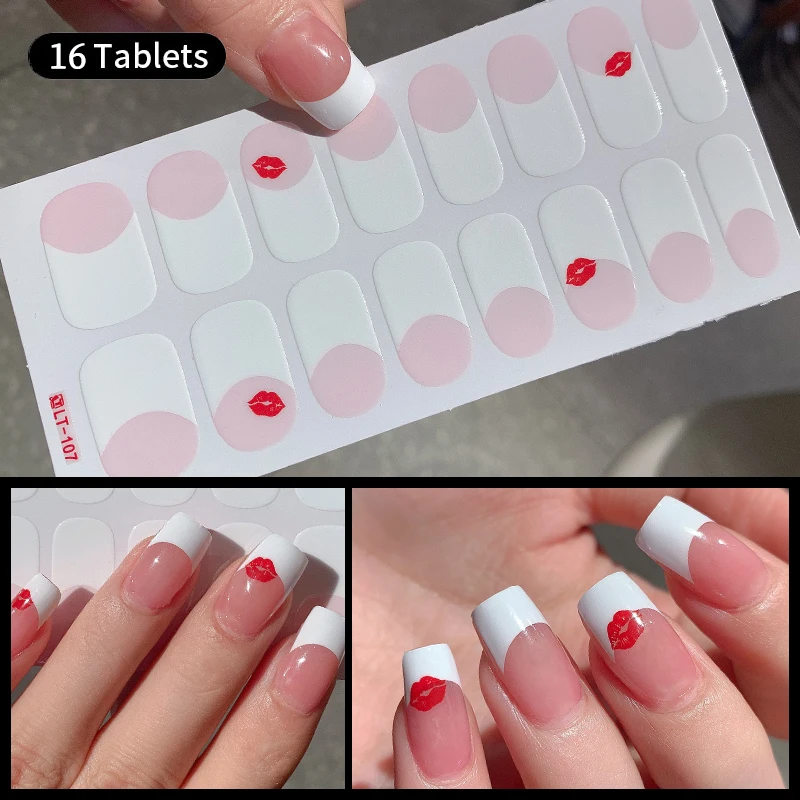 16PCS Full Cover Nail Stickers Valentine Red Lips French Nail Art Sticker Heart Full Nail Wraps DIY Manicure Nail Art Making