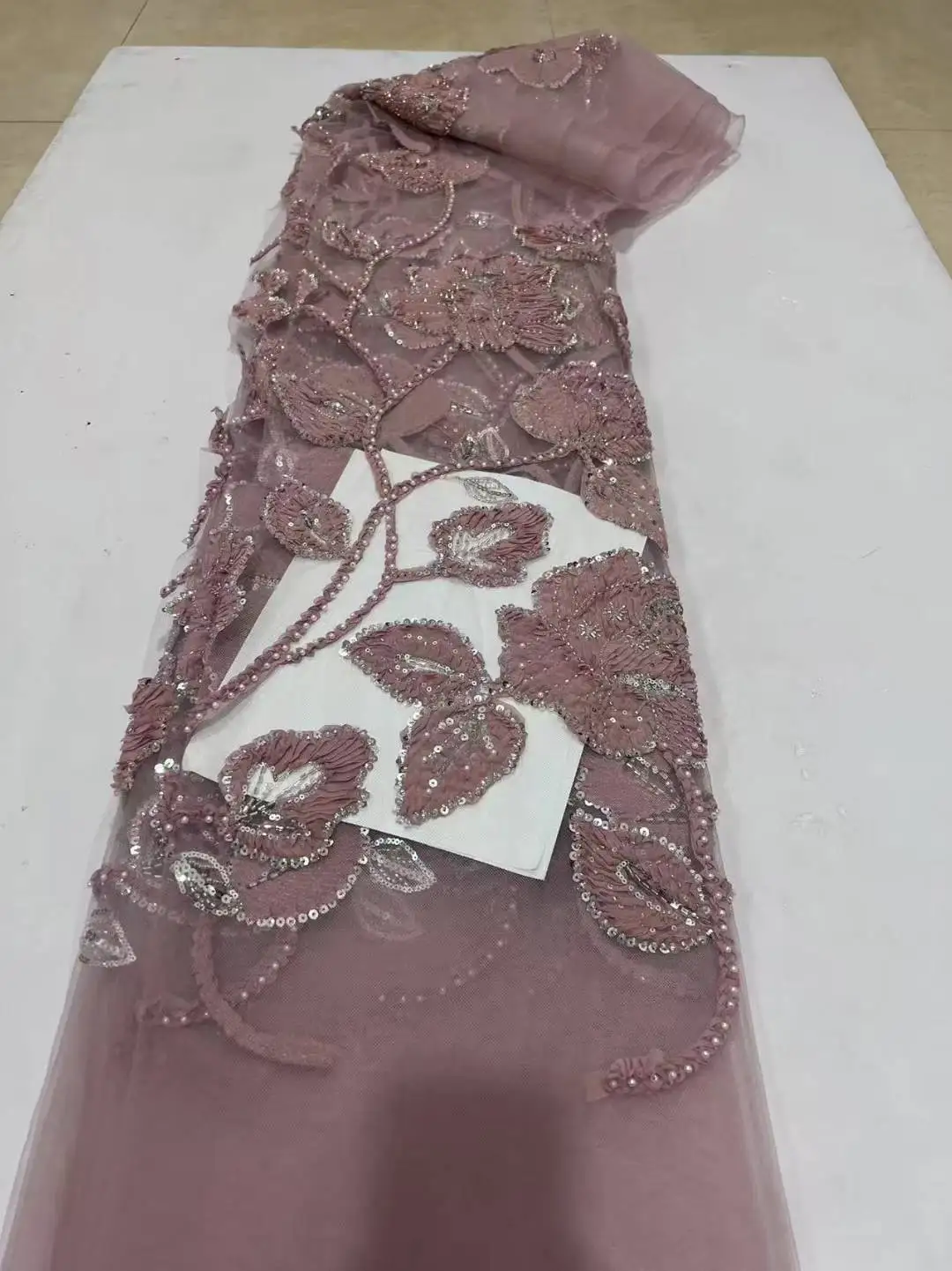 

High Quality 3D African Lace Fabric 2025 Handmade Beaded Lace Fabric France Sequins Nigerian Embroidery Lace For Bridal Sewing