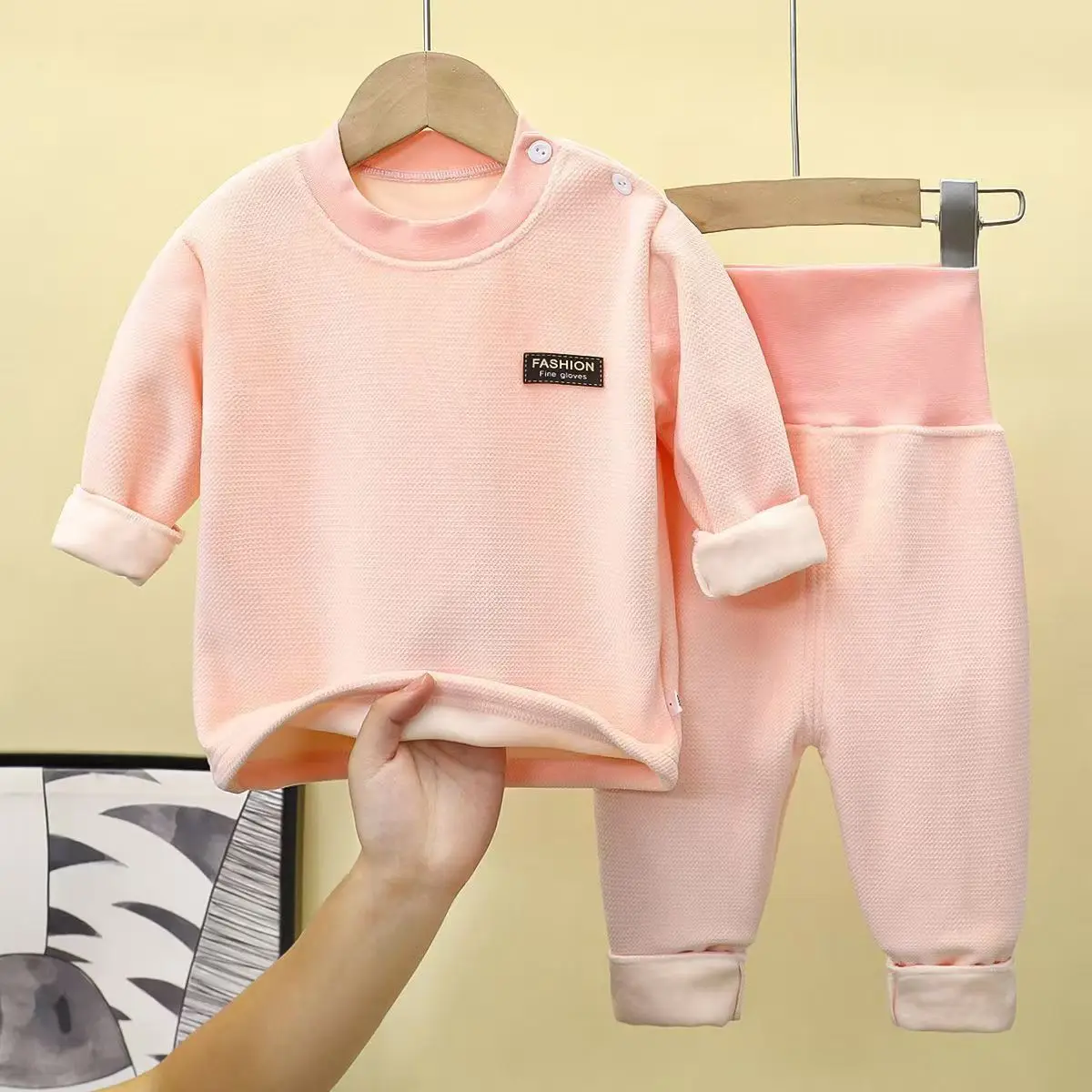 Herbst Winter Baby Plüsch Fleece Verdickte Thermo-unterwäsche Sets 0-4Y Kind Junge Mädchen Hohe Taille Warme Homewear Top und Hosen Outfit – Detail 6