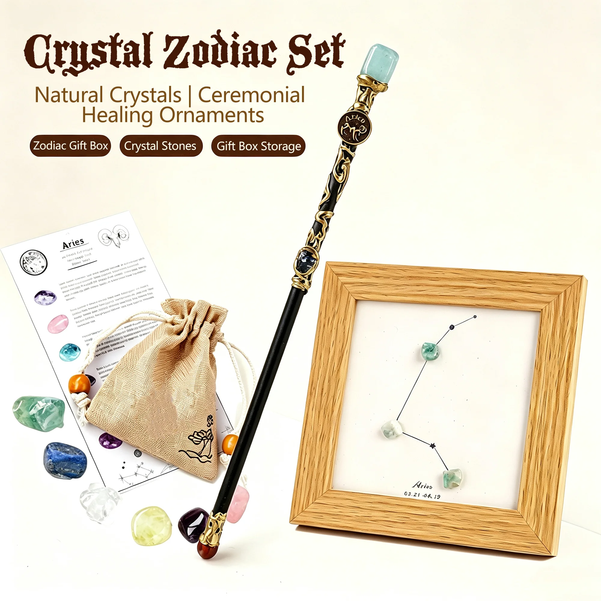Zodiac Crystal Gift Set Magic Constellation Wooden Frame Picture Natural Stones Kit Astrology Spiritual Birthday Present