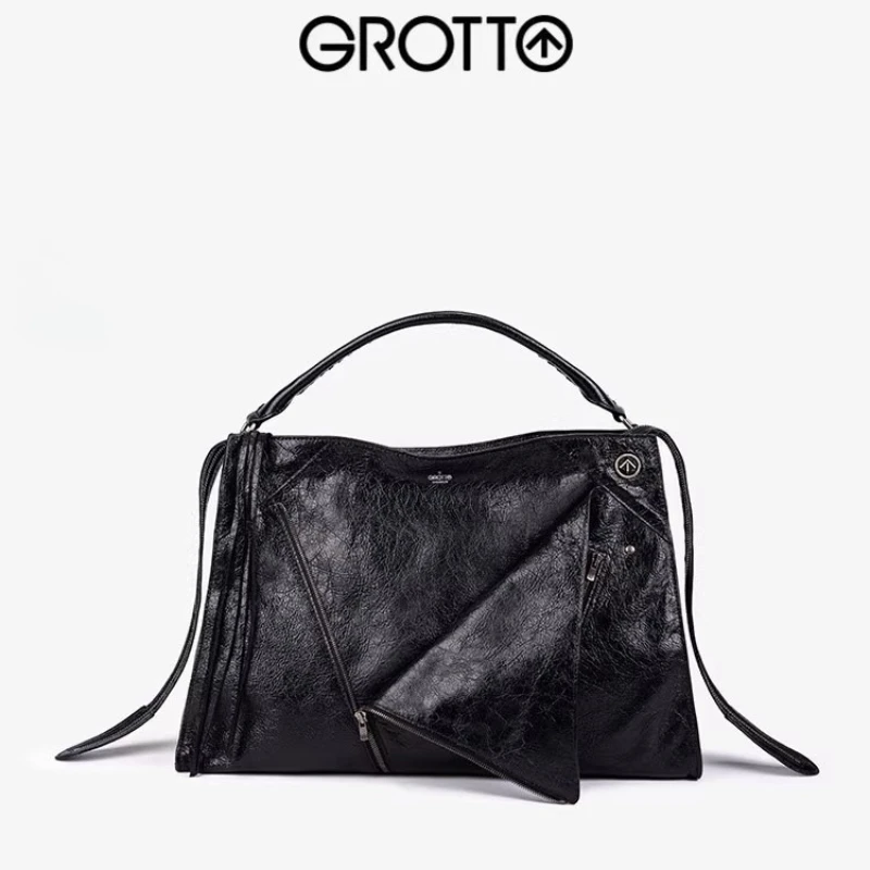 

GROTTO Lapel Bag Genuine Leather Large Capacity Commuter Biker Style Handheld, Single-Shoulder, Crossbody Bag