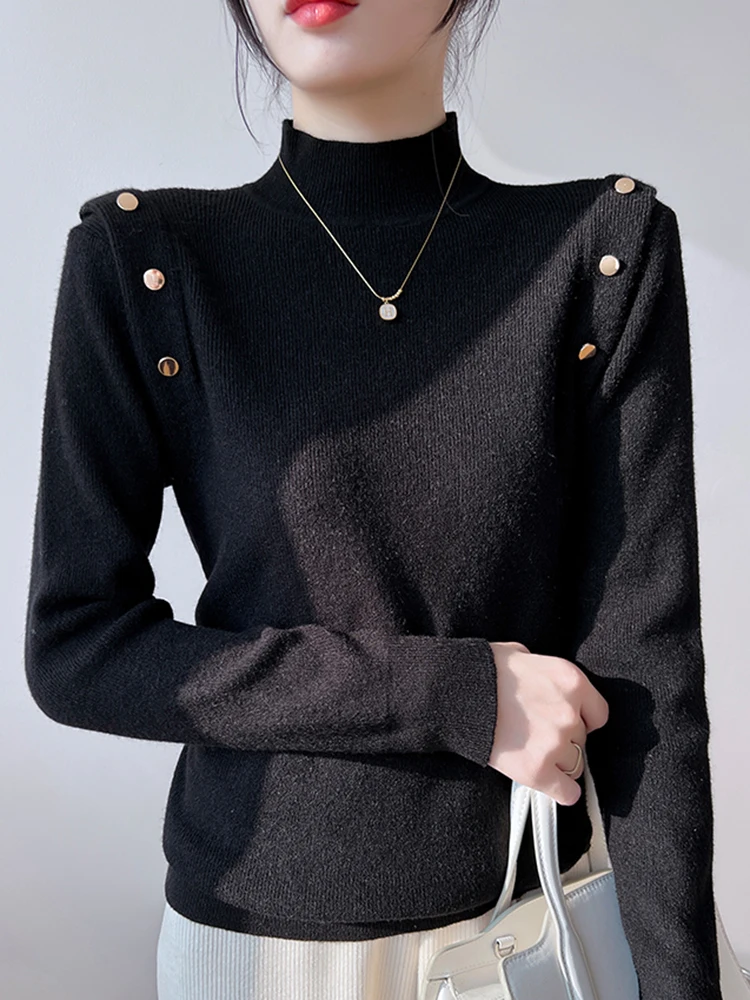 Korean Button Long Sleeve Turtleneck Women Sweater Soft Warm Slim Pullovers Female Sweaters Autumn Winter Knitwear Solid Tops