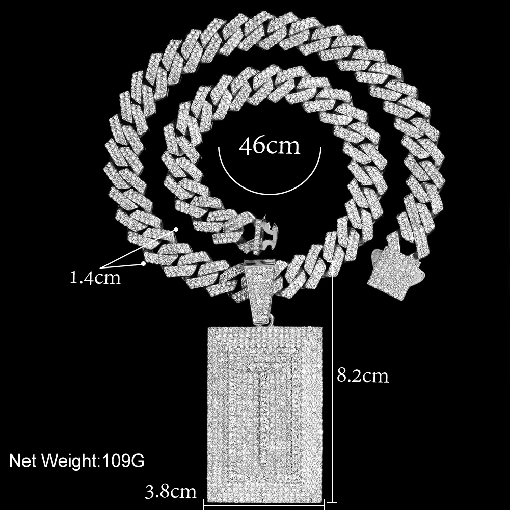 قلادة بدلاية أولية مربعة مثلجة للرجال والنساء ، سلسلة ربط كوبية ، قلادات بحروف ، هدية مجوهرات هيب هوب ، 14
