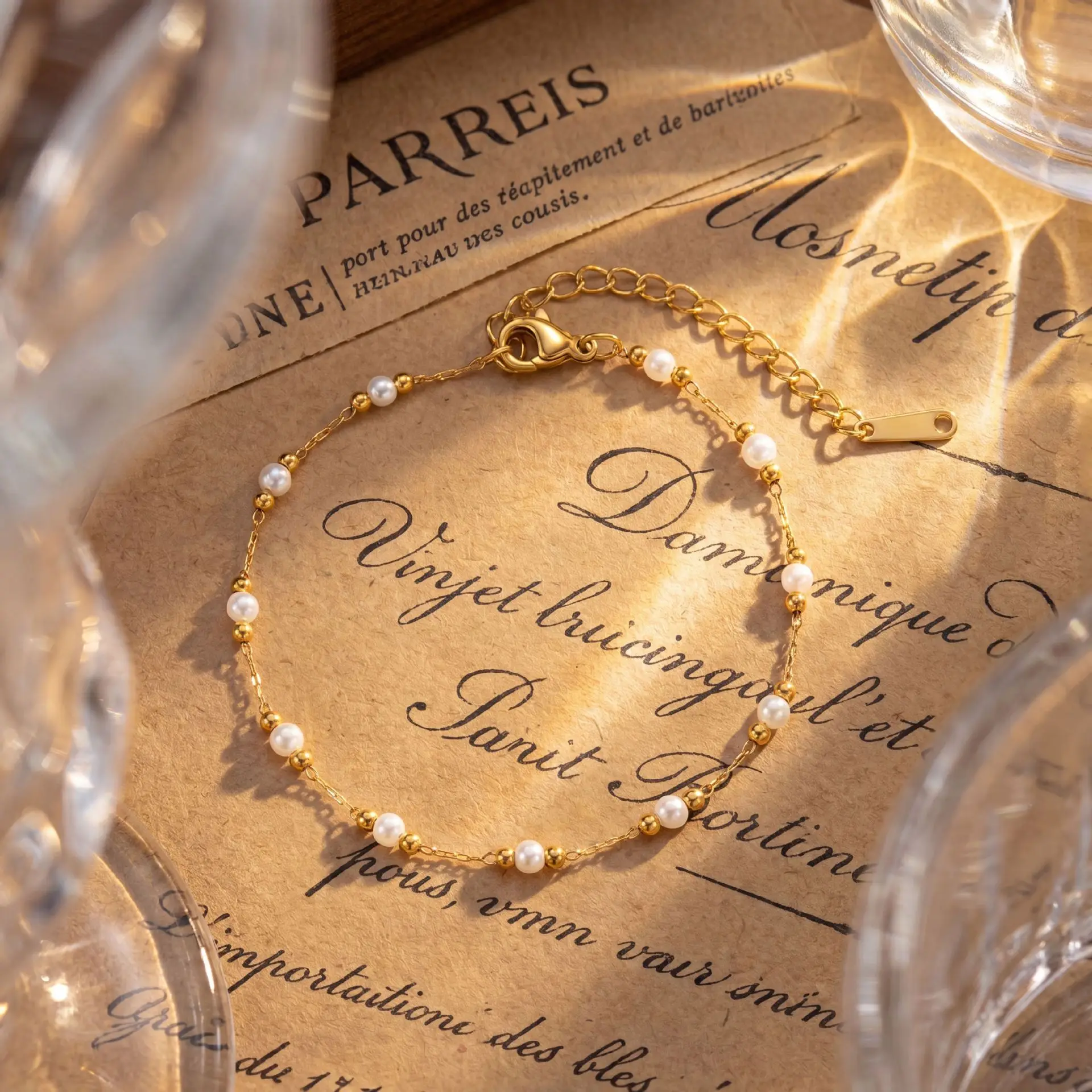 ANENJERY 316L Stainless Steel Golden Beads Imitation Pearl Bracelet for Women Gentle Daily Niche Popular Jewery Wholesale