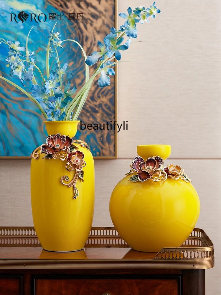 Enamel Craft Yellow Vase Creative Hallway Decoration Rich and Safe Home Ornament