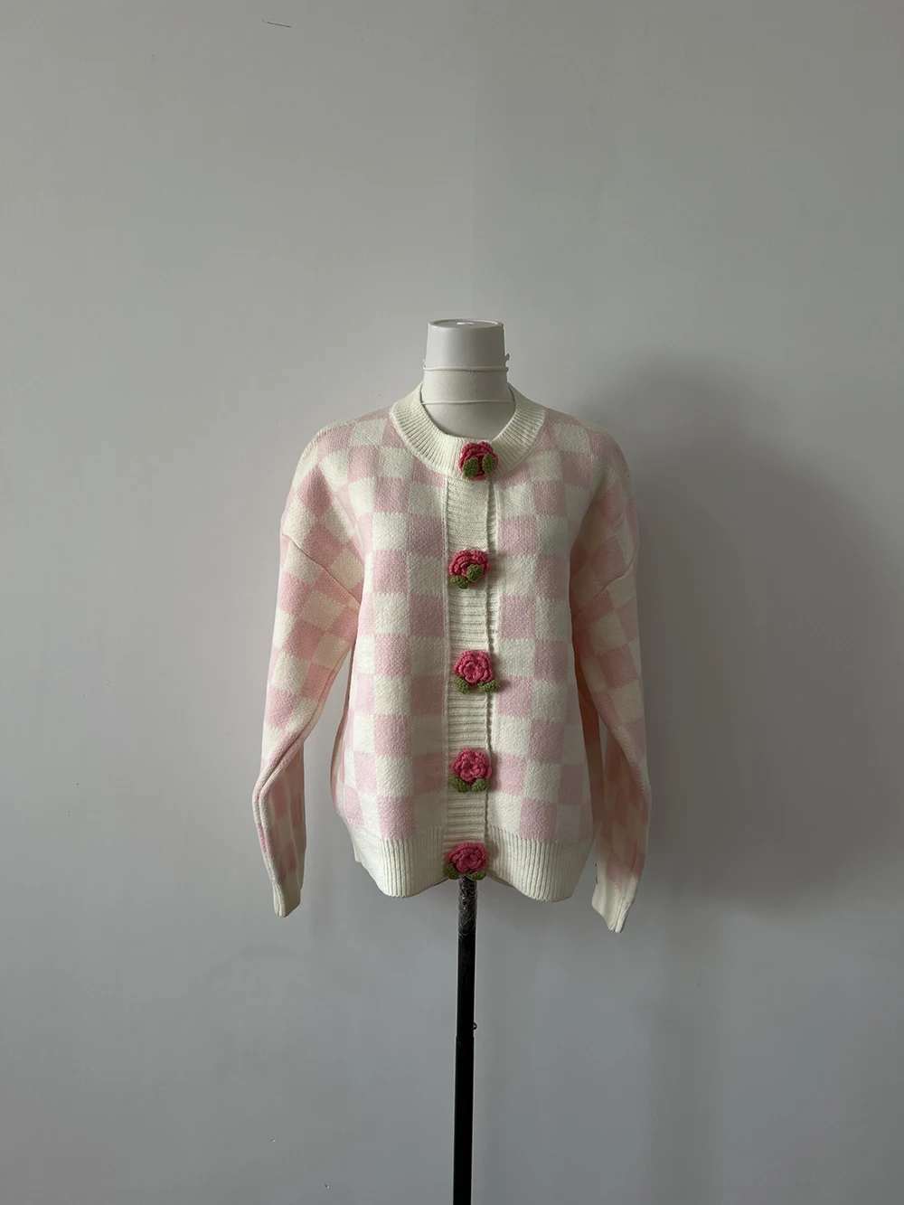 Sweet Pink Sweater Lady Autumn and Winter New Plaid Three-dimensional Flower Cardigan Top Thickened Knitwear Oversized Cardigan