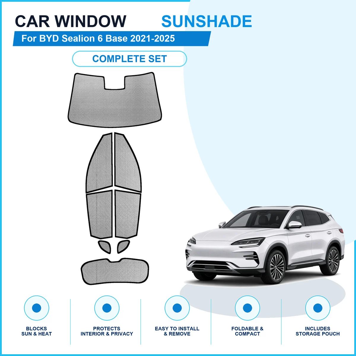 For BYD Sealion 6 Base 2021-2025 Custom Full Set Window Sunshades Aluminum Foil Suction Cup Anti UV Privacy