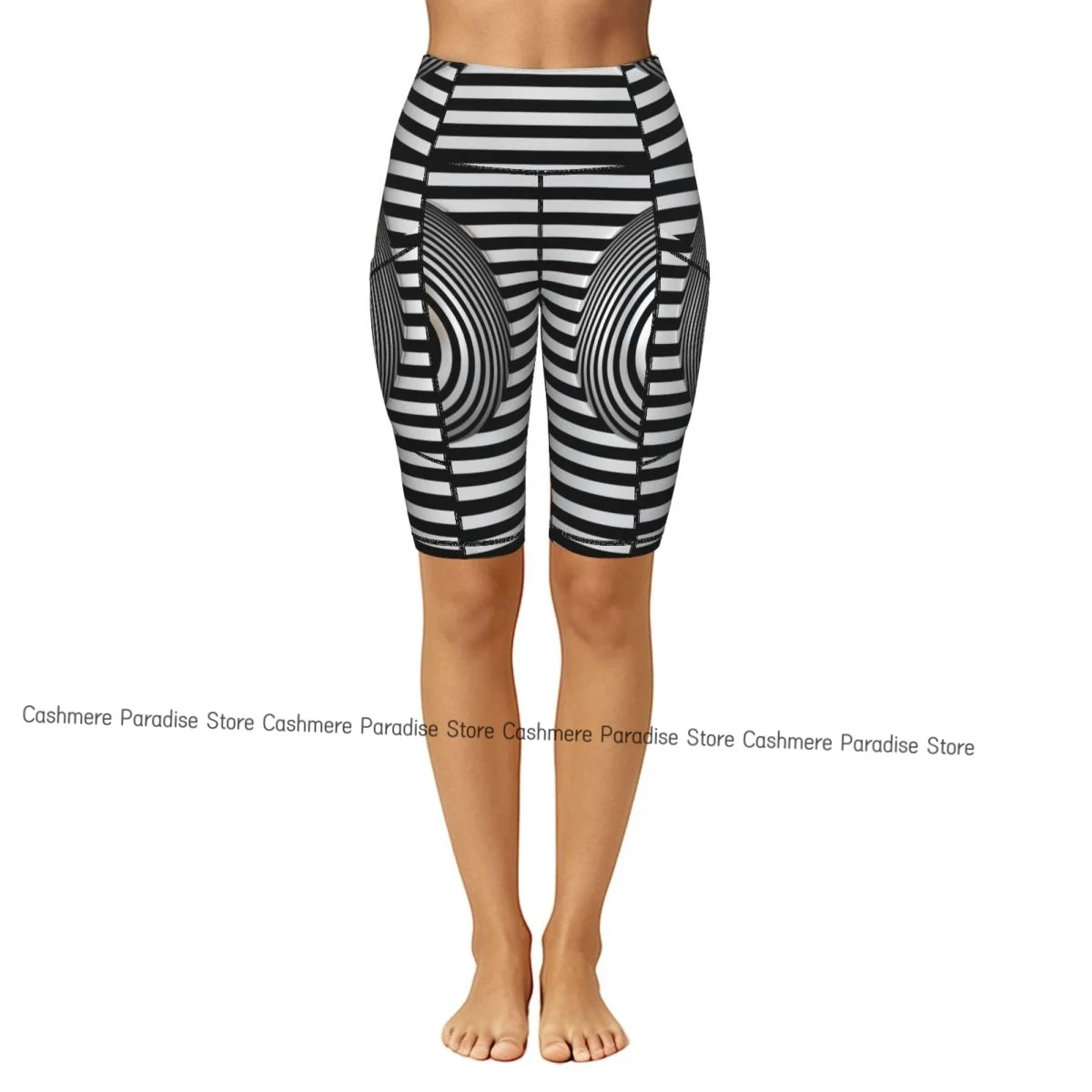 Women Pocket Sports Shorts Yoga Leggings Outdoor Wearling High Elastic Skinny Abstract   Black And White Shorts Running Cycling