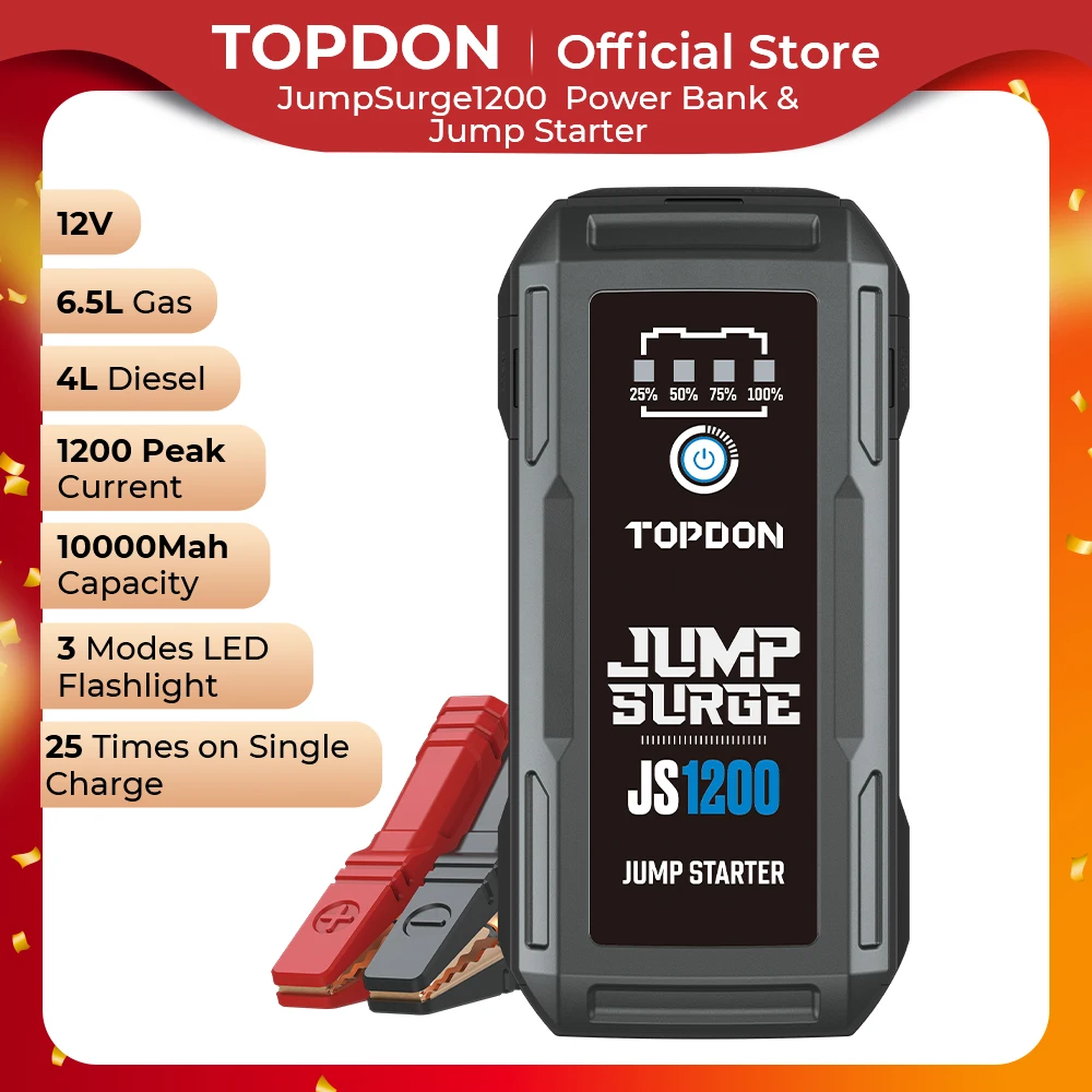 Topdon JS1200 1200A Car Jump Starter Power Bank 12VCar Starting Device 10000Mah For 6.5/4L Car Emergency Booster Starting Device