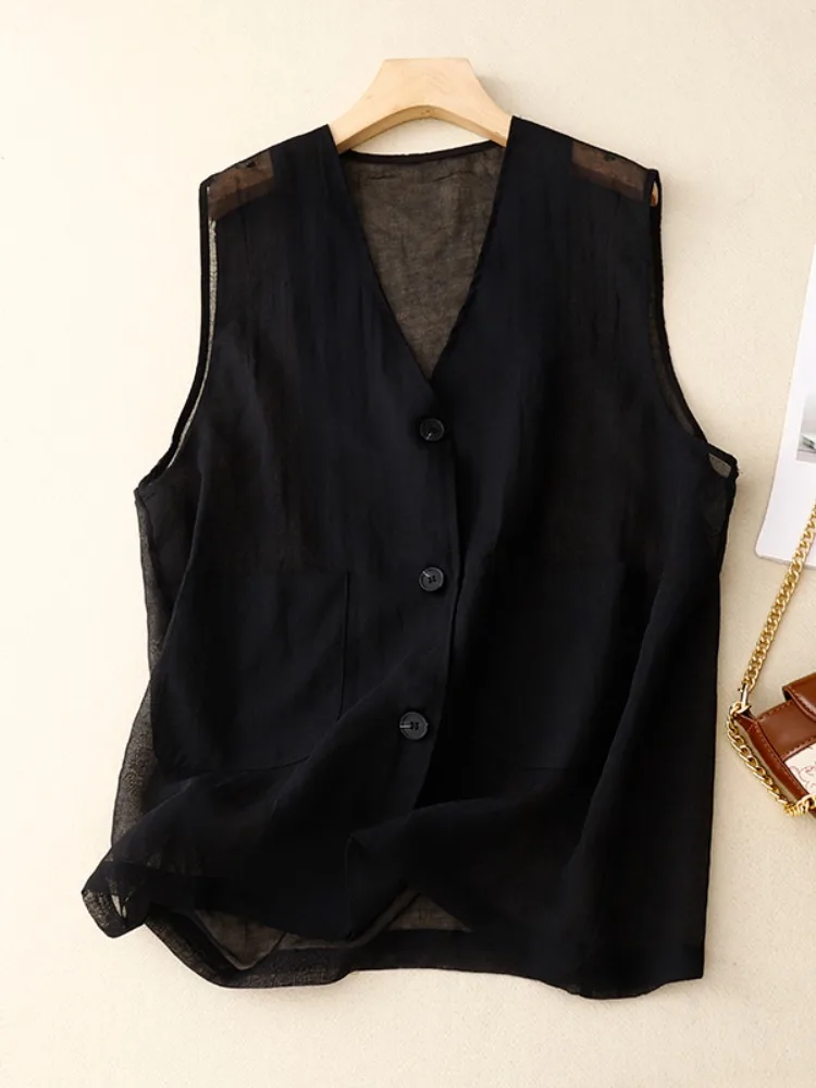 Loose Cotton Linen Vest Women's Summer Thin Sleeveless V-neck Tank Top Comfortable Breathable Mid-Length Commute Style