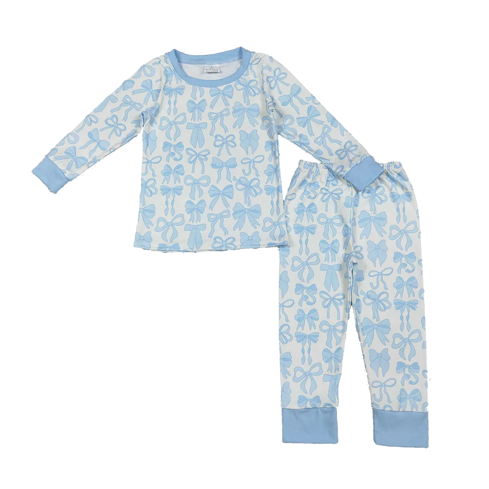 

9.12 Зимняя одежда для маленьких девочек, голубые топы с бантиками для маленьких девочек, пижамные комплекты